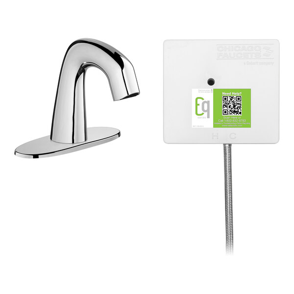 A silver Chicago Faucets touchless faucet with a white and green label.