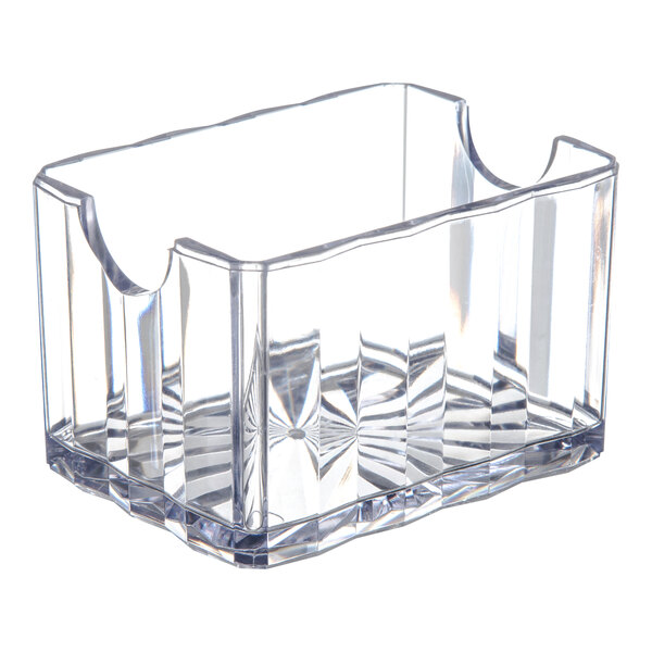 A Carlisle clear plastic sugar caddy with a curved edge.