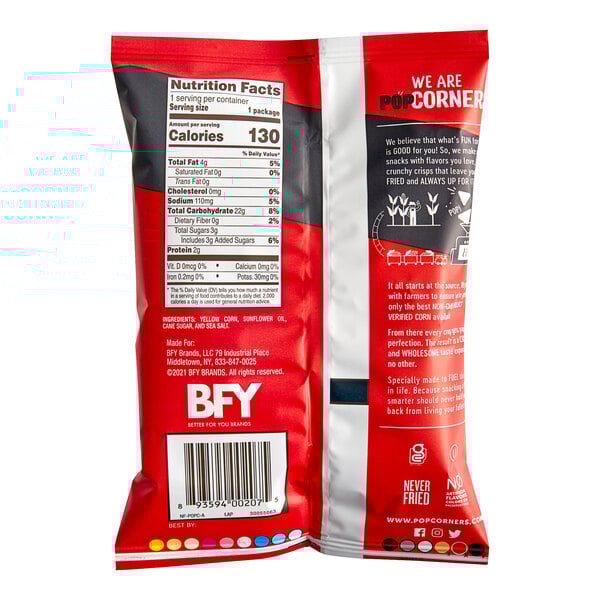 A close up of a red and white Popcorners Kettle Corn Chips bag with a label.