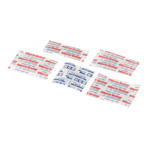 A San Jamar Mani-Kare bandage combo pack with several white and red adhesive strips.
