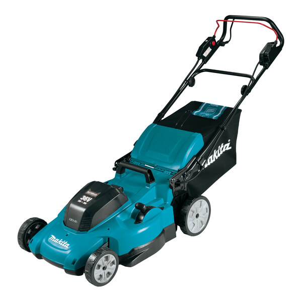 A blue Makita cordless lawn mower with black wheels.