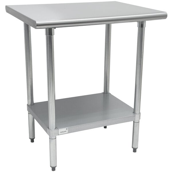 An Advance Tabco stainless steel work table with a galvanized undershelf.