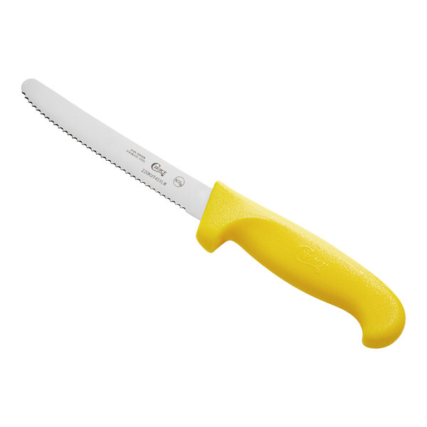 A Choice serrated utility knife with a yellow handle.