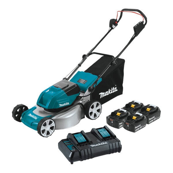 A Makita cordless lawnmower with batteries attached.