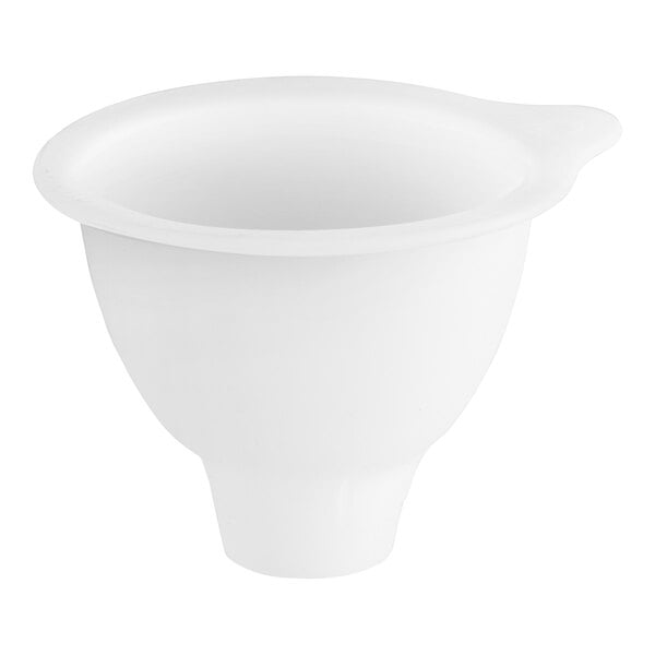 A white silicone funnel with a black handle.