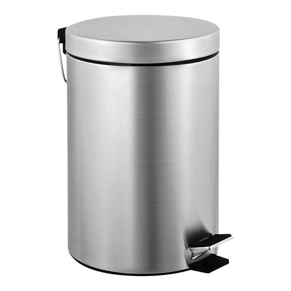 An American Specialties, Inc. stainless steel step-on waste receptacle with a lid.