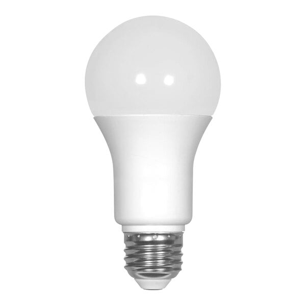 A close-up of a Satco frosted white LED light bulb with a white round base.