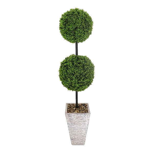 A 55" artificial double ball boxwood topiary in a faux stone pot.