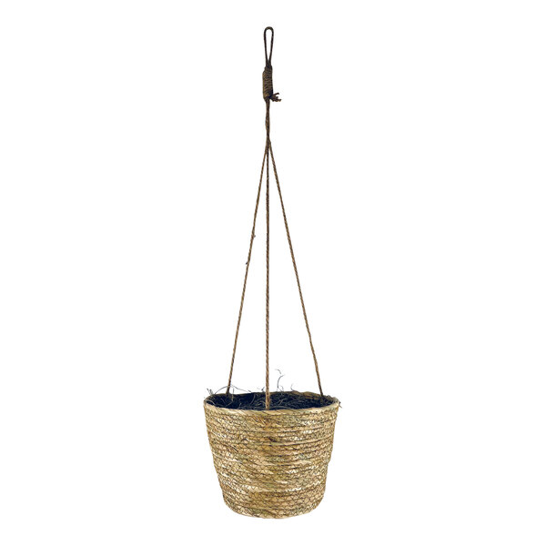A close-up of a natural hanging basket with rope.