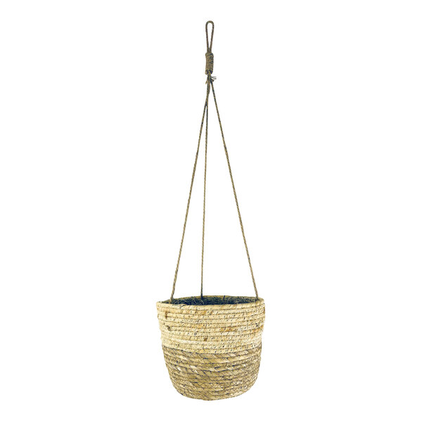 A 30" hanging basket with a rope handle and a Boston fern inside.