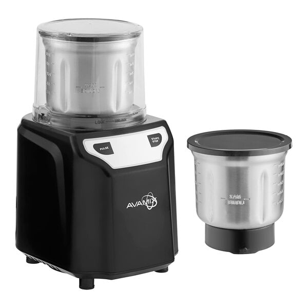 A commercial spice grinder with a black base and two stainless steel bowls.