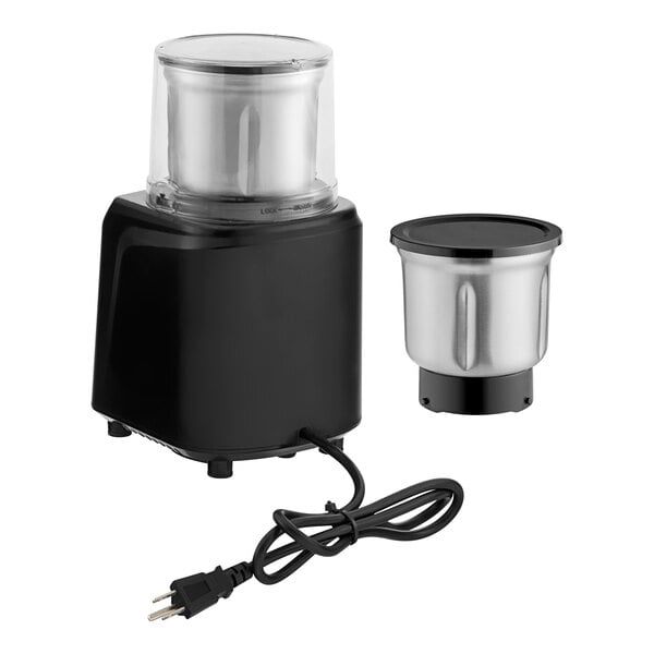 A commercial spice grinder with a black base, two stainless steel bowls, and an attached power cord.