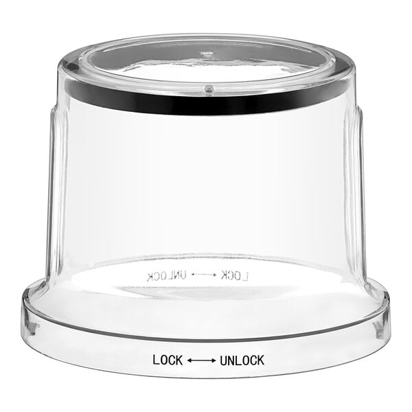 A clear polycarbonate container with a black lid.