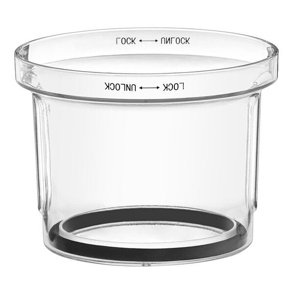 A clear polycarbonate container with a black lid and rubber ring.