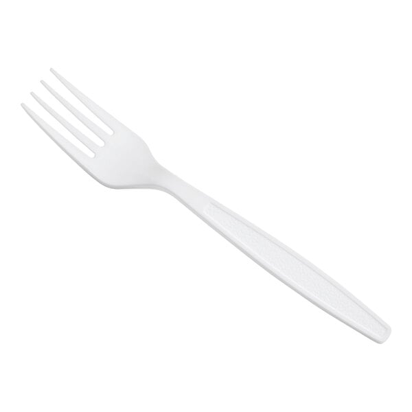 A white heavy weight polystyrene plastic fork.
