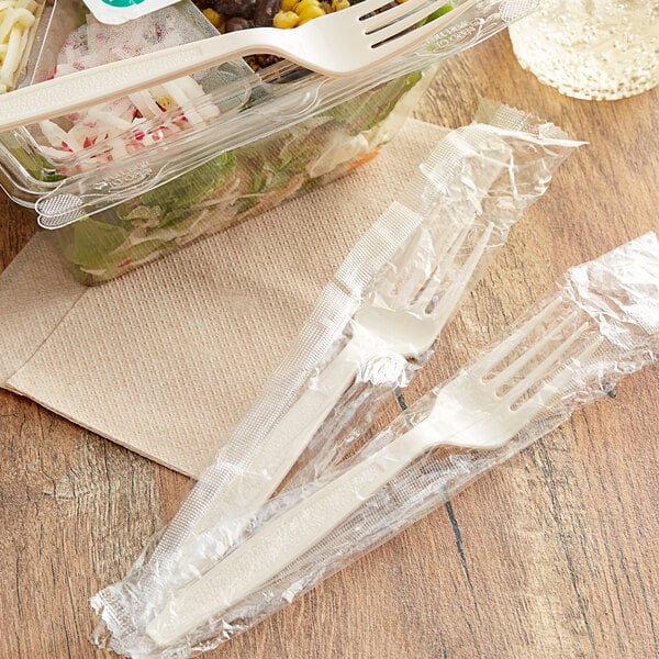 A plastic container of salad with a Choice wrapped plastic fork next to it.