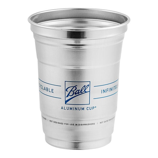 A silver Ball aluminum cup with blue text that says Ball.