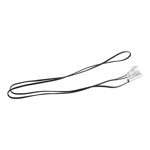 A black wire with a connector and a white background.