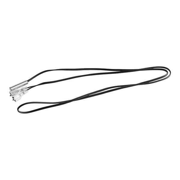 A close-up of a black wire with silver wires and a white connector on the end.