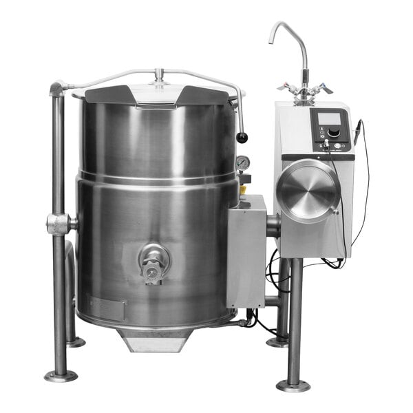 A large stainless steel tilting steam jacketed kettle with control panel and faucet, designed for commercial cooking applications.