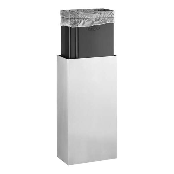 A silver rectangular stainless steel waste receptacle with a black plastic cover.