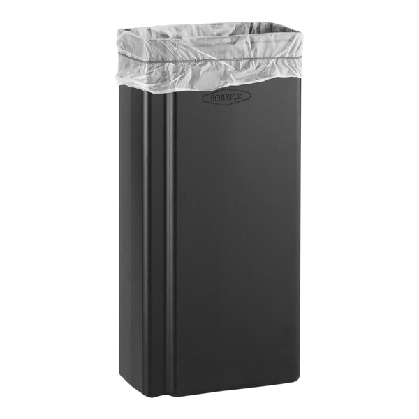 A black rectangular Bobrick stainless steel trash receptacle with a satin finish.