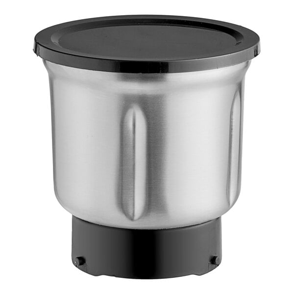 A stainless steel grinding bowl with a black lid.