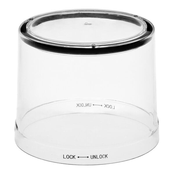 A clear polycarbonate container with a black lid.