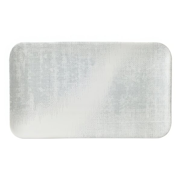 A rectangular white china plate with a grey border.