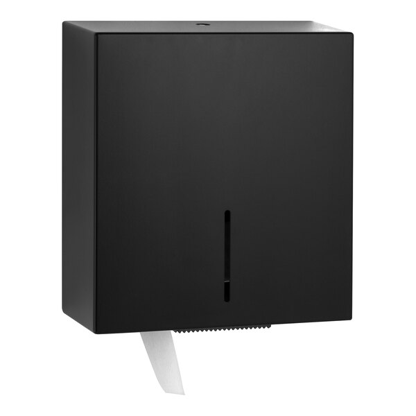 A black surface-mounted stainless steel toilet tissue holder with a matte black finish.