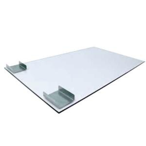 A white rectangular glass shelf with metal holders.