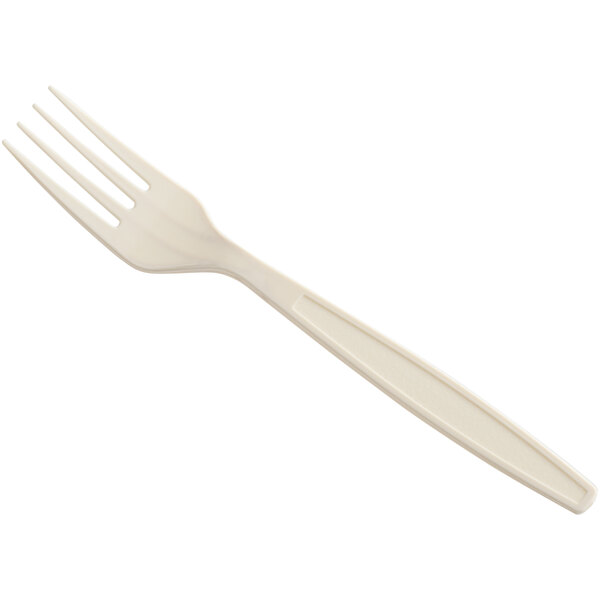 A close-up of a white plastic fork with a long handle.