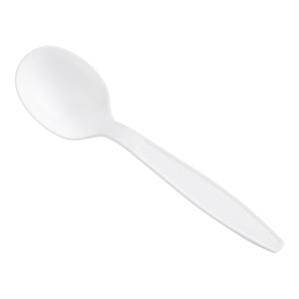 A white heavy weight polystyrene plastic soup spoon.