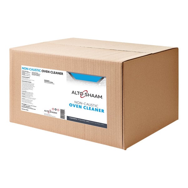 A cardboard box of Alto-Shaam Non-Caustic Oven Cleaner Tablets with a label.