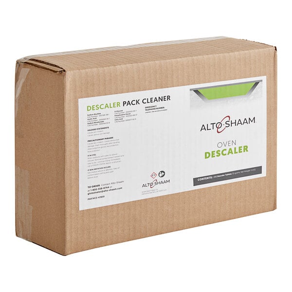 A brown cardboard box of Alto-Shaam Oven Descaler Tablets with a white label.