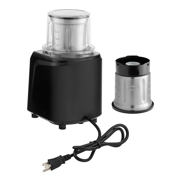 A commercial spice grinder with a black base, two stainless steel 1.5 cup bowls, and a power cord.