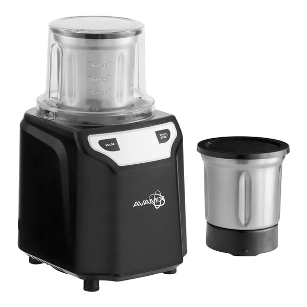 A commercial spice grinder with two stainless steel bowls and a black base.