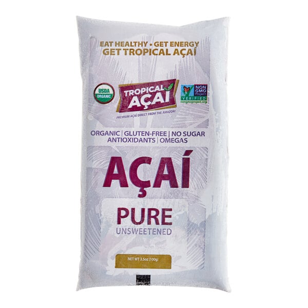 A white bag with purple text that reads "Tropical Acai Organic Unsweetened Acai Blender Pack" containing acai puree.