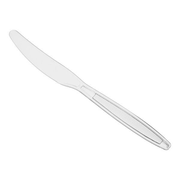 A clear heavy weight polystyrene plastic knife.