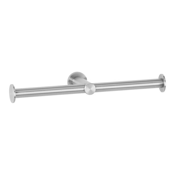 A stainless steel Bobrick double roll toilet tissue holder with a satin finish and round holes.