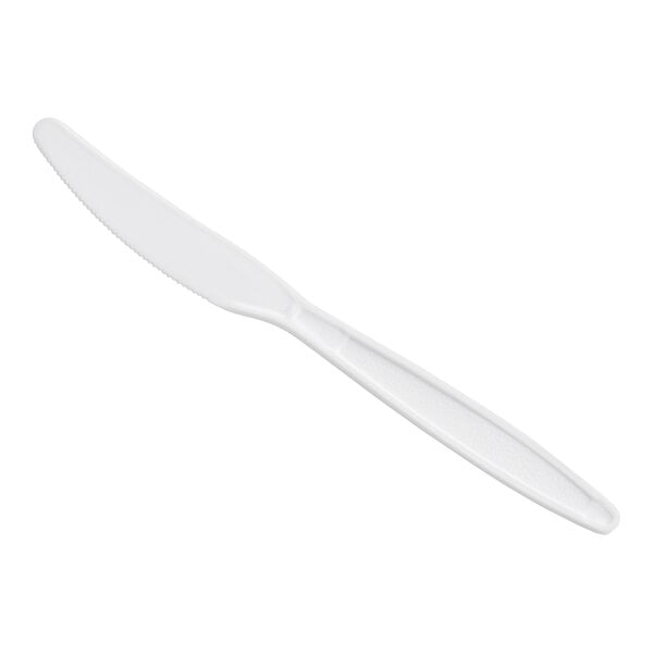 A white heavy weight polystyrene plastic knife.