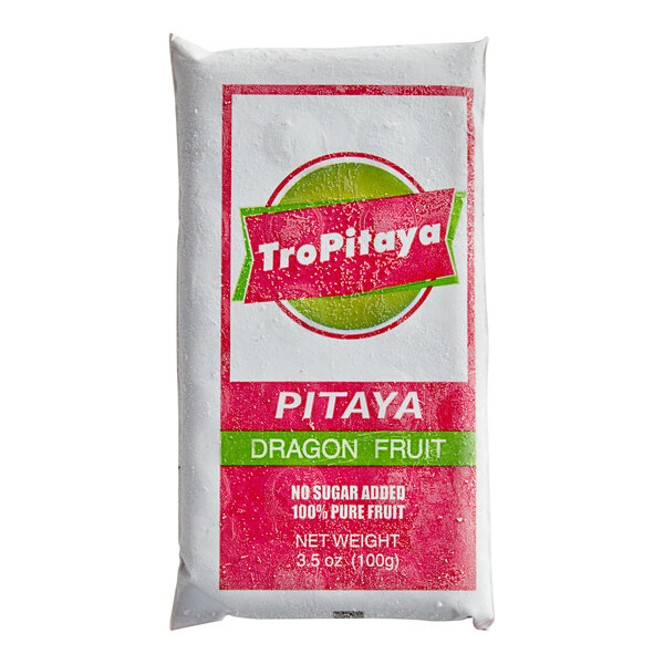 A white package of Tropical Acai Unsweetened Pitaya Dragon Fruit Blender Mix with red and green text.