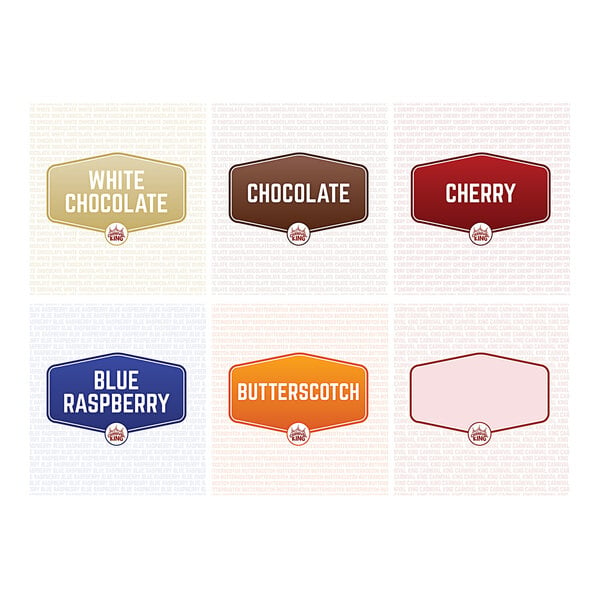 A set of white decal stickers with red and blue labels for chocolate, strawberry, raspberry, and blueberry.