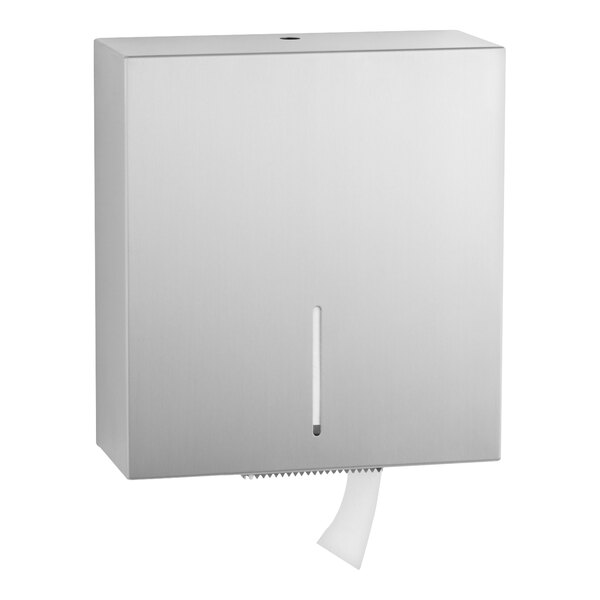 A stainless steel Bobrick surface-mounted jumbo toilet paper holder with a roll of toilet paper.