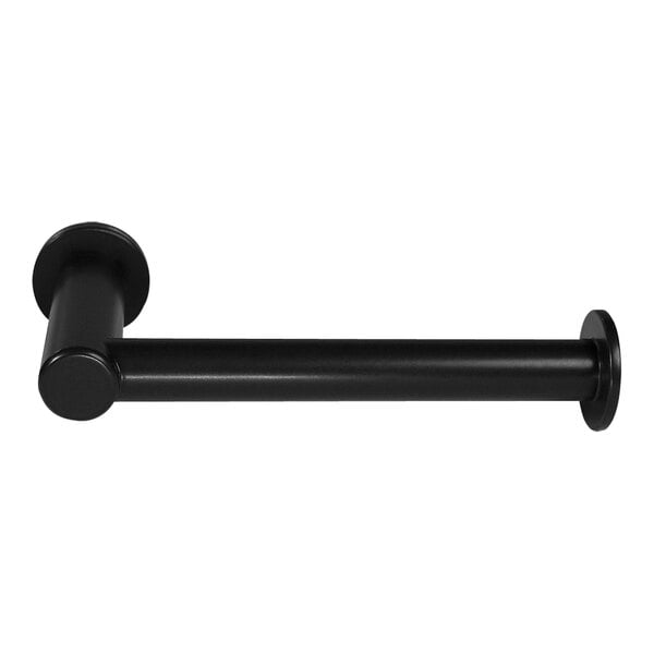 A black metal Bobrick Fino toilet paper holder on a white background.