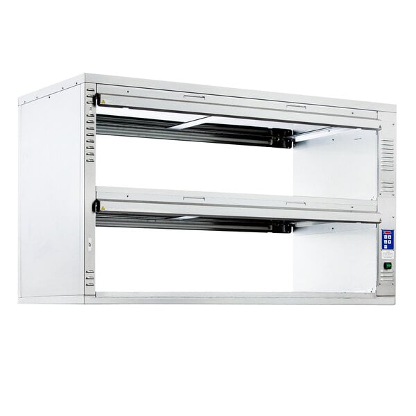 A white metal Prince Castle pass-through holding bin with two shelves.
