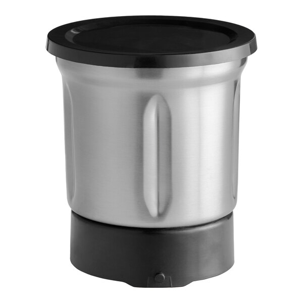A silver container with a black lid.