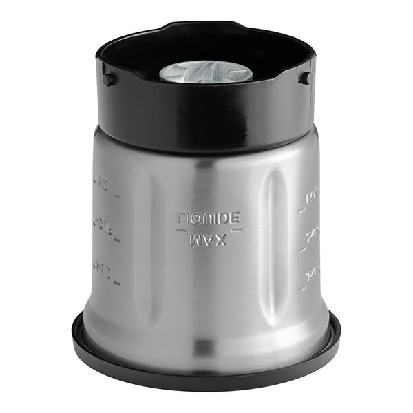 A silver stainless steel AvaMix grinding bowl with a black lid.