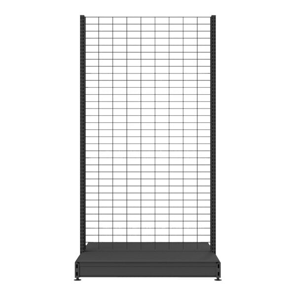 A black rectangular Wanzl Wire Tech gondola shelving unit with rectangular grid shelves.