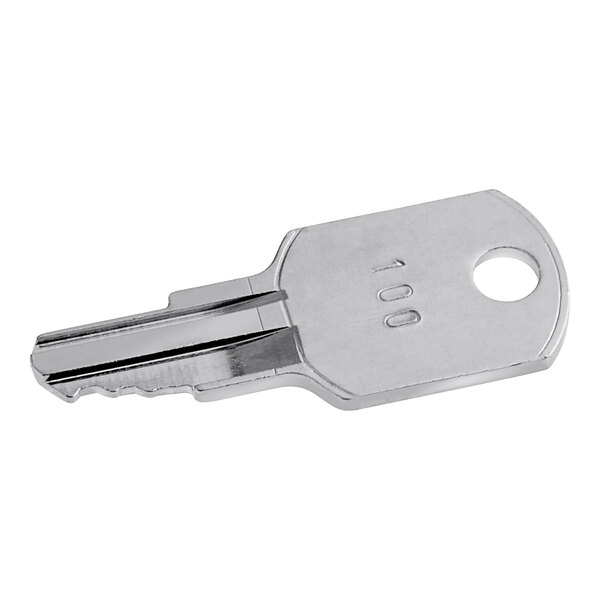 A silver Beverage-Air key with a hole in the middle and a metal handle.